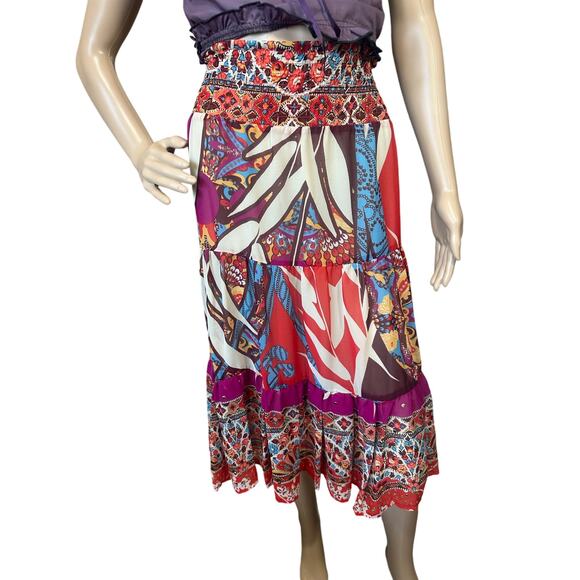 Cache BOHO Tiered Gypsy Festival Colorful Beaded Smock Waist Midi Skirt SZ Large - Picture 2 of 14